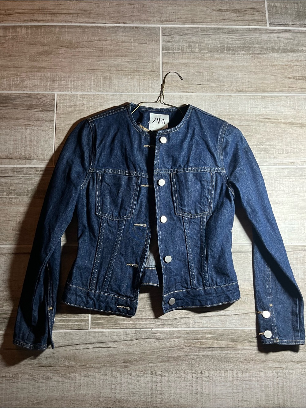 ZARA Navy Blue Collarless Denim Jacket